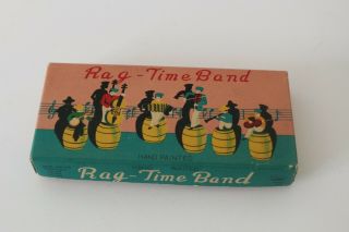 Rag Time Band Celluloid Musicians On Wood Barrels Miniature Vintage