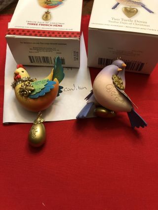 2 Hallmark Two Turtle Doves And Three French Hens 12 Days Of Christmas Ornaments