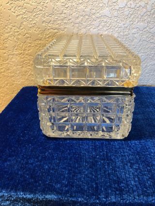 Vintage Heavy Cut Clear Crystal Glass Jewelry Dresser Vanity Box Brass Hinged 2