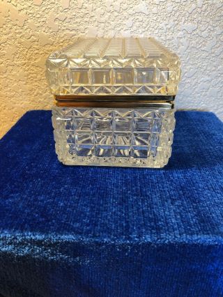 Vintage Heavy Cut Clear Crystal Glass Jewelry Dresser Vanity Box Brass Hinged 4