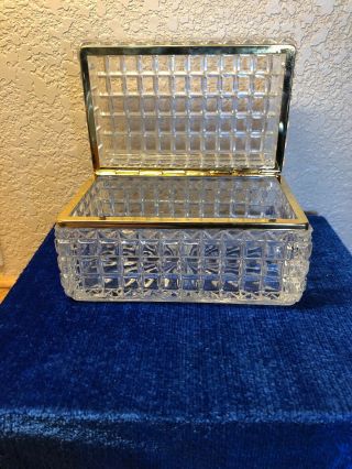 Vintage Heavy Cut Clear Crystal Glass Jewelry Dresser Vanity Box Brass Hinged 5
