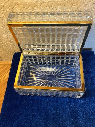 Vintage Heavy Cut Clear Crystal Glass Jewelry Dresser Vanity Box Brass Hinged 6