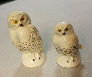 Set 2 Vintage Goebel Germany White Owls Snow Porcelain Figurine Spotted Yellow