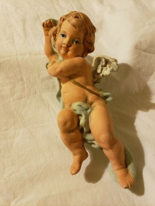 Vintage Ceramic Cherub Hand Painted Wall Hanging,  Baby Blue And Gold,  Angel,  8 "