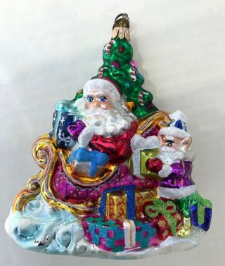 Christopher Radko Christmas Ornament Glass Santa In Sleigh,  Tree & Snowman