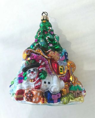 CHRISTOPHER RADKO Christmas Ornament Glass Santa In Sleigh,  Tree & Snowman 4
