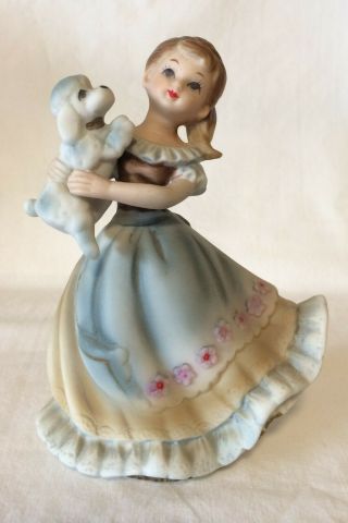 Vintage Lefton Figurine Girl With Poodle Dog 5080