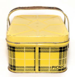 Vintage Retro Yellow Plaid Metal Picnic Basket With Handles Nesco 3