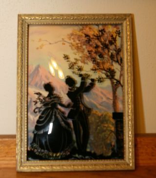 Vintage Reverse Painted Silhouette Picture Convex Glass