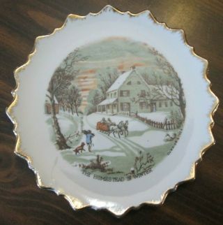 Currier & Ives The Homestead In Winter Vintage Collector Plate Gold Trim