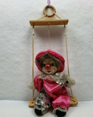Vintage Porcelain Face Creepy Pink And Silver Clown Doll On Swing