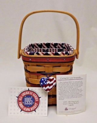 Longaberger 1995 All American Carry Along Basket W/ Liner,  Protector And Tie - On