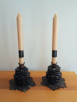 Set Of 2 Heavy Pine Cone Bronze Brown Rustic Metal Taper Candle Stick Holders
