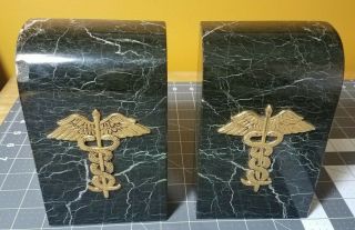 Vintage Green Marble Brass Caduceus Bookends Medical School Physician