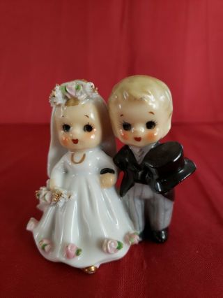 Lefton Figure Bride And Groom Wedding Bell Cake Topper Vintage Roses Figurine