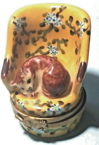 Limoges Rochard France Brown Kitty Cat Laying On A Chair Trinket Box