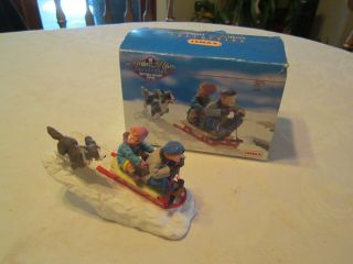 Lemax " Racing Downhill " Christmas Winter Figurine Accessory Statue Dog Snow Sled