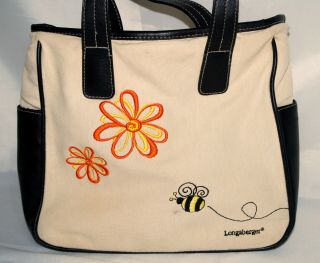 Longaberger Canvas Purse Handbag Basket Bee With Yellow Floral Black Vinyl Trim