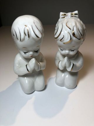 Vintage 1960’s Praying Boy & Girl White Ceramic Salt & Pepper Shakers Japan