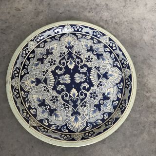 Delft Holland Circular Round Serving Decorative Blue White Tray Tin