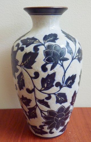 Vintage Porcelain Vase Blue Flower Leaf Design White Background 2