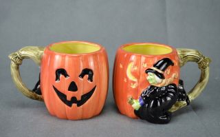 Set Of 2 Fitz And Floyd Pumpkin Jack O Lantern Witch Mug Halloween Vintage 1987