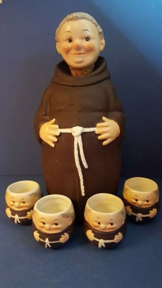 Vintage Goebel Friar Tuck Decanter,  Kl97 Top & 4 Kl94 Liquor Tots,  Tmk 3