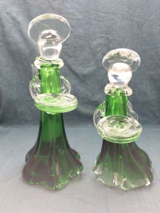 Set Of 2 Green Blown Glass Angel Candle Holders Christmas Holiday Vintage