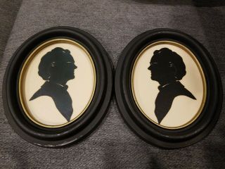 Vintage Set Of 2 Cut Out Silhouette Mirror Image Female Black Wood Oval Framed