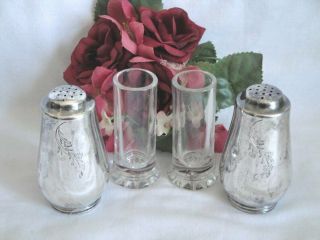 Salt & Pepper Shakers Silver Plate 1847 Rogers Springtime Glass Inserts Vintage