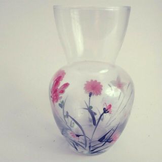 Handpainted Small Clear Glass Bud Vase Pink Flowers And Butterflies Simple 6 "