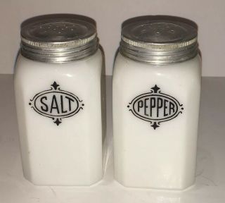 Vintage Anchor Hocking Salt And Pepper Shakers Black And White Milk Glass 3