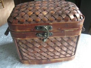 Vintage Wooden Trunk Chest Jewelry Storage Box Case Woven Wicker/bamboo & Copper