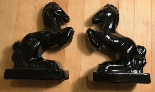 Vintage Black Amethyst Glass Rearing Horse Bookends 8”