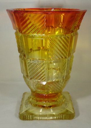 Vintage Heavy Glass Amberina Footed Vase 8 " Tall Block Pattern Diagonal Ribs -