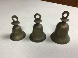 3 Vintage Matching Brass Bells Engraved Small,  Medium & Large India