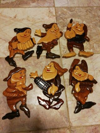 Musical Seven Dwarfs Set Of 6 Wood Carved Wall Hangings Snow White Disney