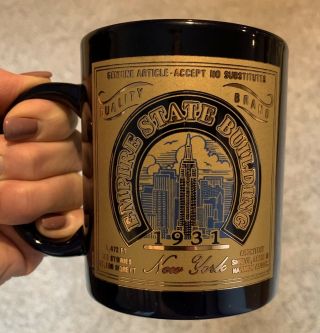 Empire State Building Souvenir Cup Mug Blue Gold Coffee Tea 3.  75” Tall