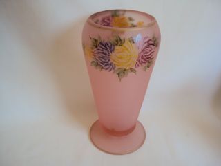 Vintage Pink Flowered Frosted Glass Vase 8 " Tall