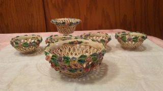 Vintage Flowers Italy Porcelain Basket Weave With Flowers Capodimonte Style