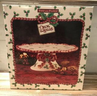 Vintage Fitz And Floyd Deck The Halls Pedestal Cake Plate Christmas Holly W/box
