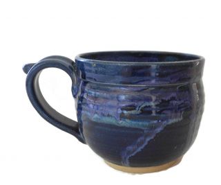 Hand Thrown Art Pottery Coffee Cup Mug Blue Drip Glaze