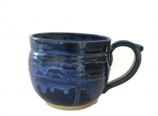 Hand Thrown Art Pottery COFFEE CUP MUG Blue Drip Glaze 2