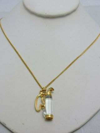 Swarovski Swan Signed Gold Tone Crystal Golf Clubs in Carry Bag Pendant Necklace 2