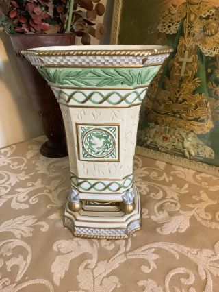 Fitz & Floyd Gregorian Large Vase 12 " Tall Green,  Cream & Gold Porcelain Square