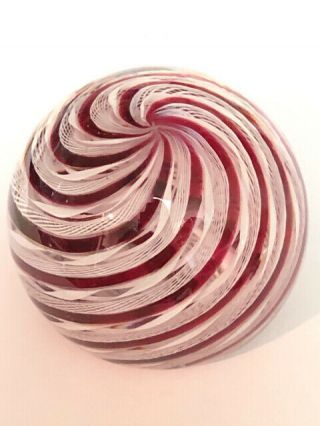 Vintage Murano Art Glass Cranberry White Latticino Ribbon Swirl Paperweight