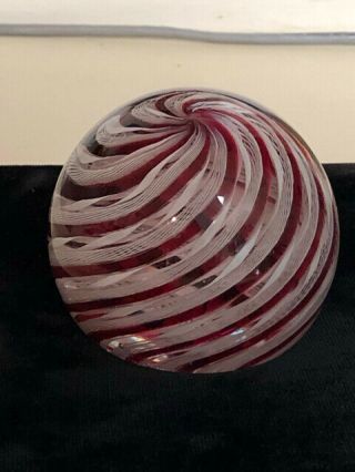 Vintage MURANO Art Glass Cranberry White Latticino Ribbon Swirl Paperweight 2