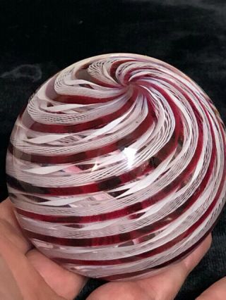 Vintage MURANO Art Glass Cranberry White Latticino Ribbon Swirl Paperweight 3
