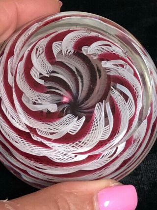 Vintage MURANO Art Glass Cranberry White Latticino Ribbon Swirl Paperweight 4