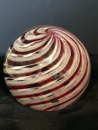 Vintage MURANO Art Glass Cranberry White Latticino Ribbon Swirl Paperweight 5